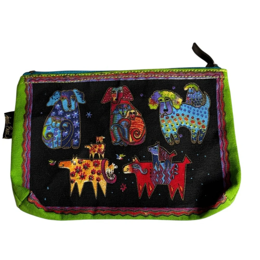 Laurel Burch Dogs and Doggies Canvas Cosmetic Art Bag Pouch Black New NWT